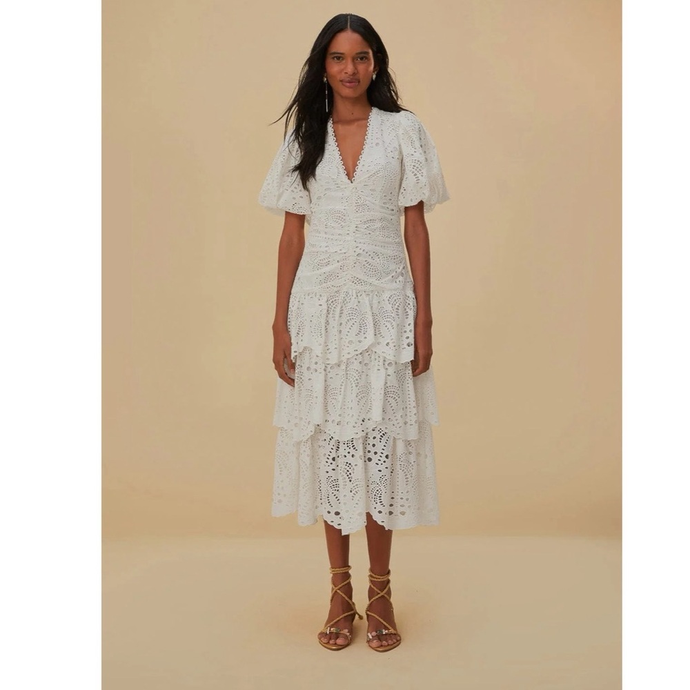 Farm Rio  Eyelet Cotton Lace-Up Midi-Dress